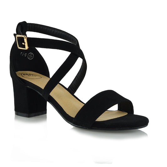 | XY London | Strappy Black Heels,Low Block Heels,Black faux suede heels