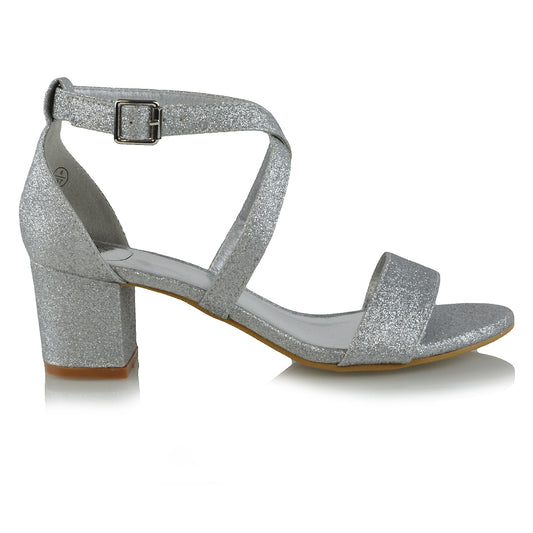 | XY London | Strappy Heels,Silver Glitter Low Heels,Faux Suede heels
