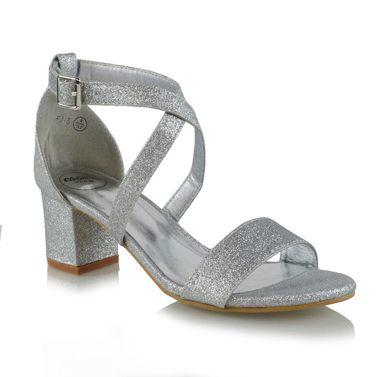 | XY London | Strappy Heels,Silver Glitter Low Heels,Faux Suede heels