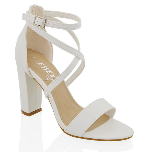 | XY London | White Synthetic Leather Bridal Shoes,White Synthetic Leather Wedding Shoes,White Synthetic Leather Block Heels,White Synthetic Leather Strappy Heels,White Synthetic Leather Bridal Heels