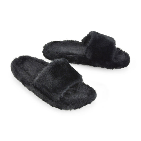 Black | XY London | black fluffy sliders,faux fur slippers in black,peep toe slippers,black fur slippers