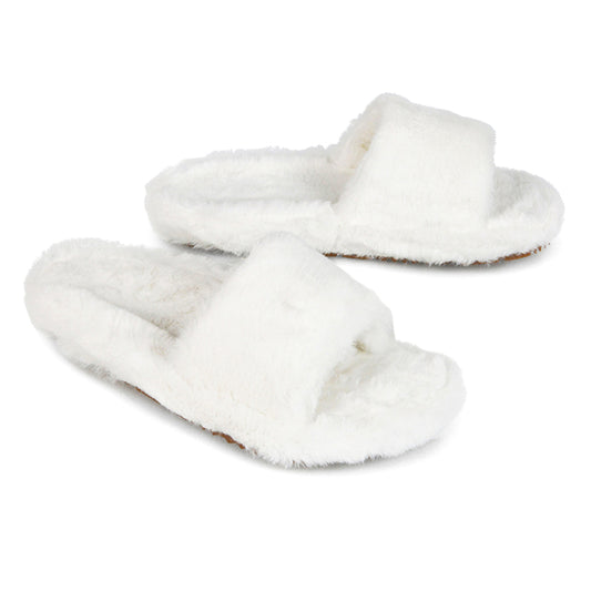 White  | XY London | white sliders,faux fur slippers,peep toe slippers in white,white cosy slippers