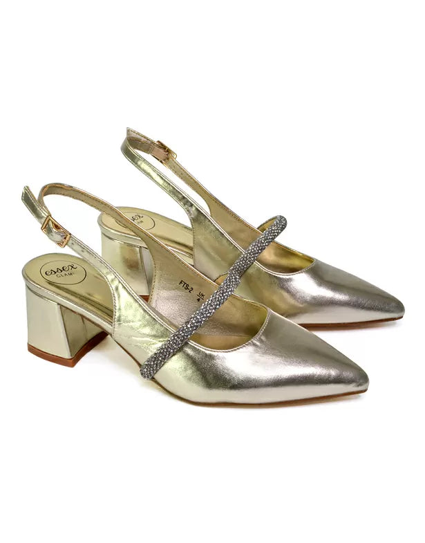 Gold diamante block heels shop