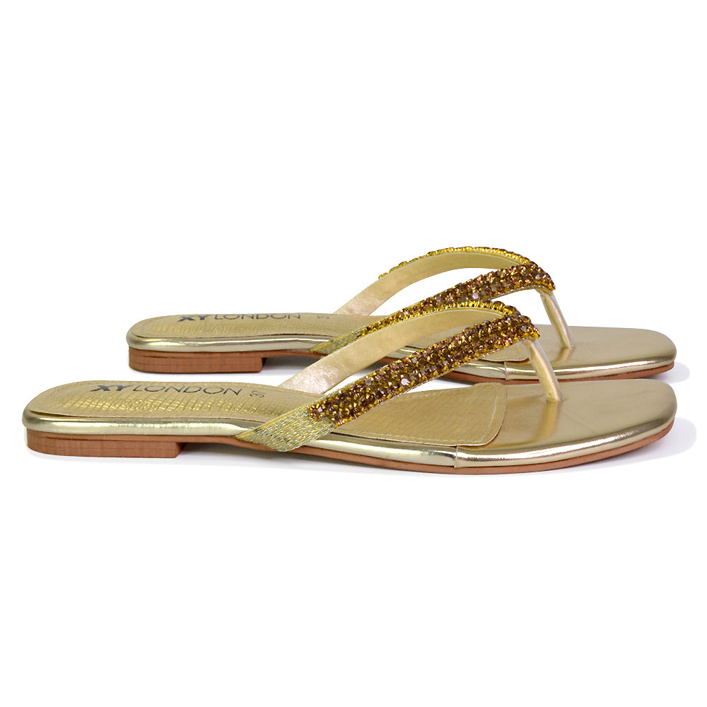 Jazlyn Flat Diamante Flip Flop Sandals Thong Summer Shoes in Gold Gold UK 9 EU 42 US 11