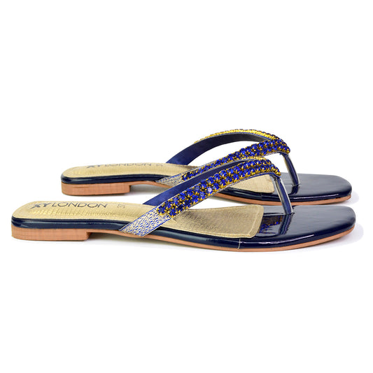 | XY London | blue sandals,blue flat sandals,blue diamante sandals,blue diamante flat sandals,blue flip flops