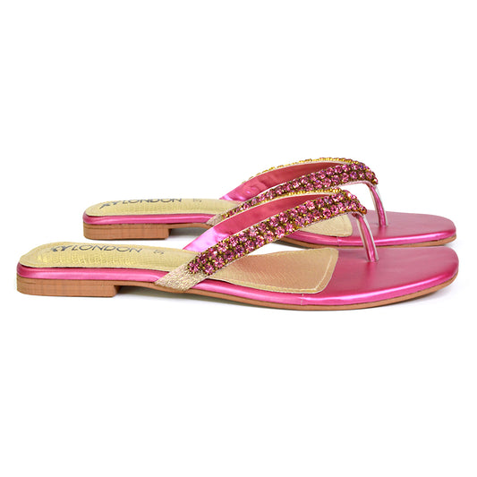 | XY London | pink sandals,pink flat sandals,pink diamante sandal,pink diamante flat sandals,pink flip flops