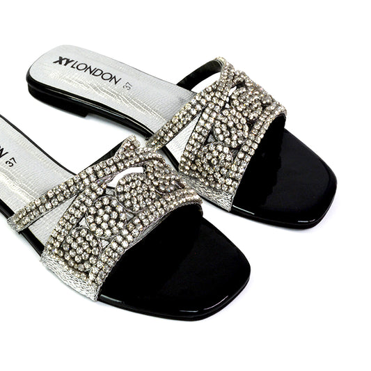| XY London | black sandals,black flat sandals,black diamante sandals,black diamante flat sandals,black sliders