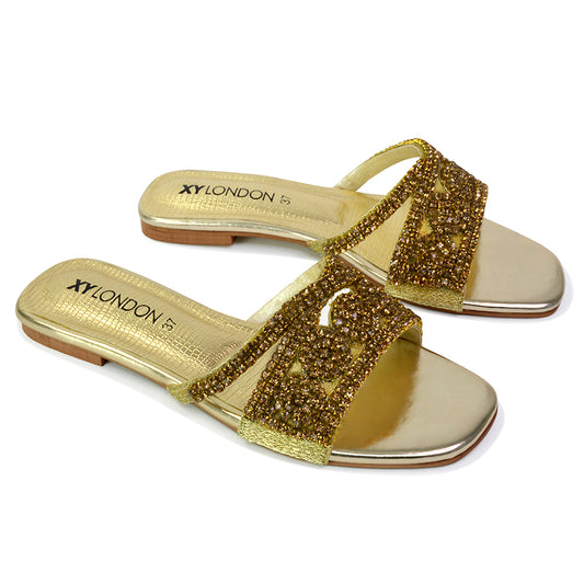 Gold | XY London | gold sandals,gold sliders,gold flat sandals,gold diamante sandals,gold diamante flat sandals