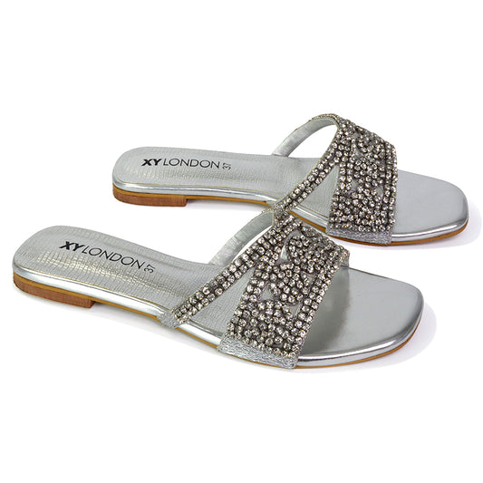 Silver | XY London | silver sandals,silver flat sandals,silver diamante sandals,silver diamante,silver sliders