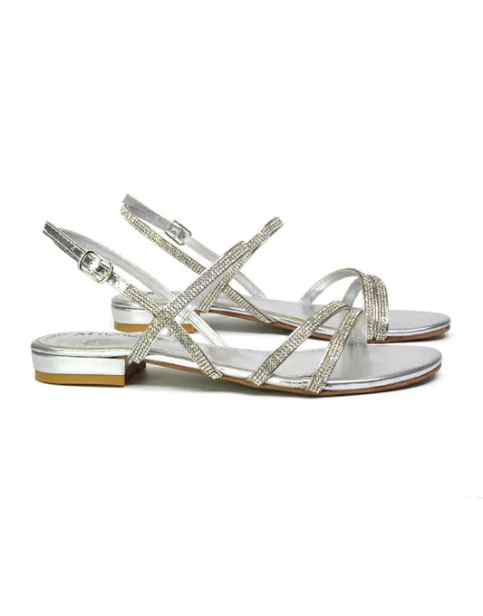 silver strappy diamante flat summer sandals- a staple in your holiday wardrobe; perfect for summer, holiday, casual, work and day drinks
