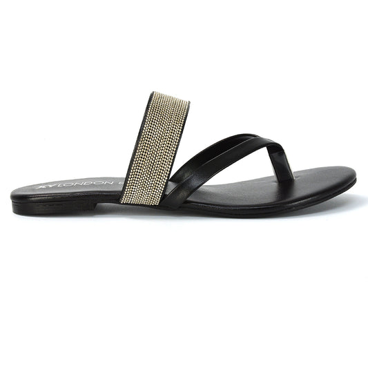 | XY London | Black Flat Sandals,Black Strappy Sandals,Black Diamante Sandals,Black Embellished Sandals,Black Toe Post Sandals,Black Diamante Strap Sandals