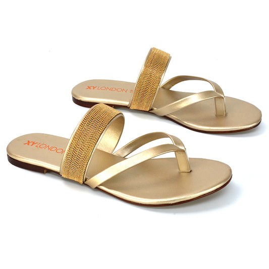 | XY London | Gold Flat Sandals,Gold Strappy Sandals,Gold Diamante Sandals,Gold Embellished Sandals,Gold Toe Post Sandals,Gold Diamante Strap Sandals