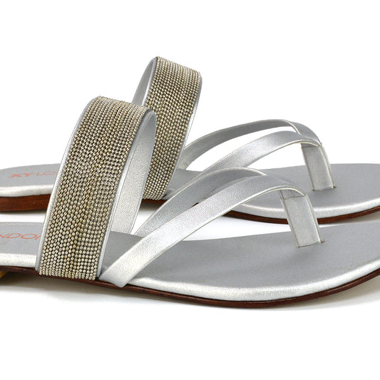 | XY London | Silver Flat Sandals,Silver Strappy Sandals,Silver Diamante Sandals,Silver Embellished Sandals,Silver Toe Post Sandals,Silver Diamante Strap Sandals