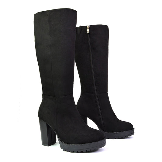 Black | XY London | black boots,black knee high boots,black heeled boots,black high heel knee high boots,black long boots, Faux suede and synthetic leather tall heeled boots, Faux suede knee-high boots