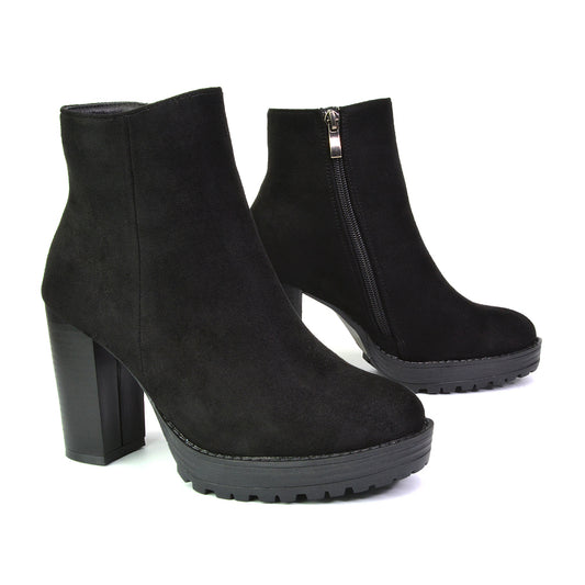 | XY London | black boots,black ankle boots,black platform boots,black heeled boots,black biker boots, Stylish faux suede boots for winter wear, Comfortable platform heeled ankle boots