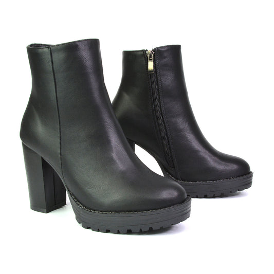 Black Synthetic Leather  | XY London | black boots,black ankle boots,black platform boots,black heeled boots,black biker boots, Winter ankle boots for women, Fashion ankle boots for winter, Women's black ankle boots with chunky block heel, Winter fashion boots for women with grip sole
