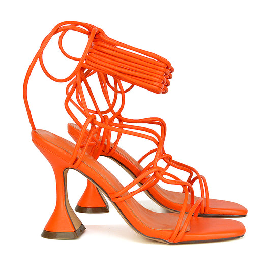 | XY London | orange heels,orange high heels,orange lace up heels,orange square toe heels