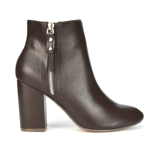 Brown Synthetic Leather  | XY London | block heel boots,brown booties,ankle boots,ladies boots in brown