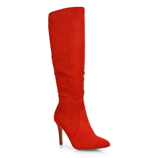 Red | XY London | knee high boots,red faux suede ,stiletto heel boots,pointed toe boots,ladies boots online,red faux suede boots, Red Boots, Red Heeled Boots, Red Knee High Boots