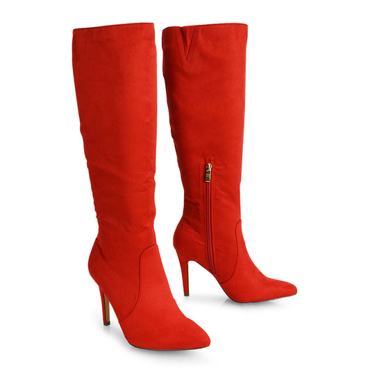 Red | XY London | knee high boots,red faux suede ,stiletto heel boots,pointed toe boots,ladies boots online,red faux suede boots, Red Boots, Red Heeled Boots, Red Knee High Boots