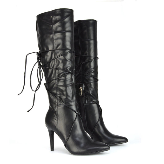 Black Synthetic Leather | XY London | Black Knee High Boots,Black Heeled Boots,Black High Heel Boots