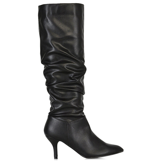 Black Synthetic Leather | XY London | black boots, black heeled boots, black knee high boots