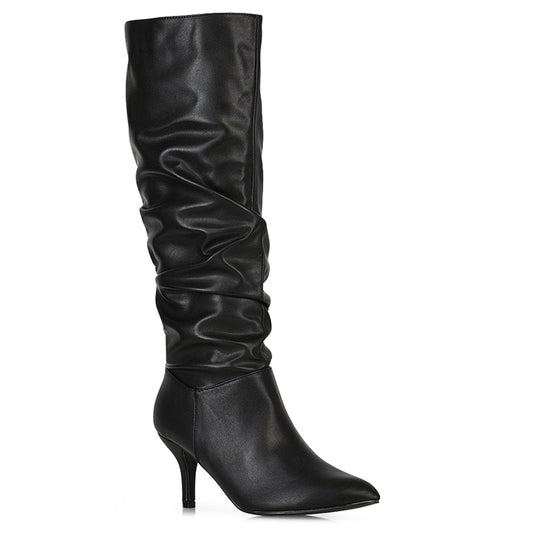 Black Synthetic Leather | XY London | black boots, black heeled boots, black knee high boots