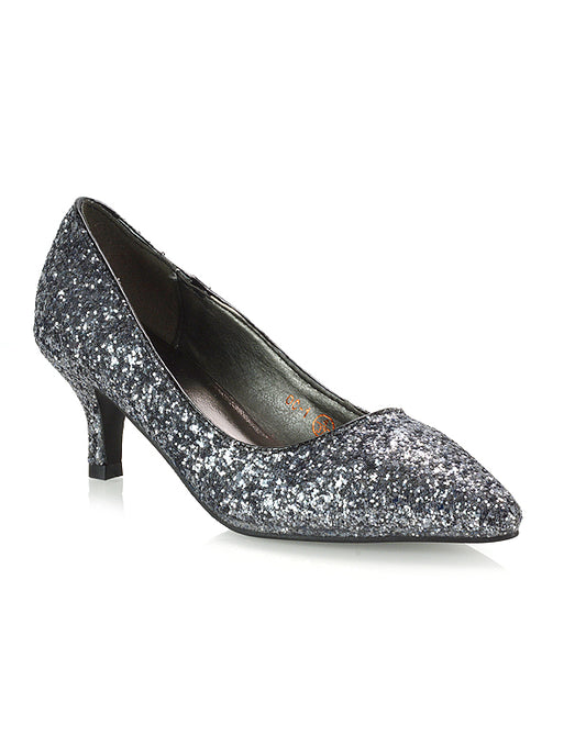 black glitter slip on kitten heel court shoes, black glitter dressy heels, slip on kitten heel court shoes, dressy heels