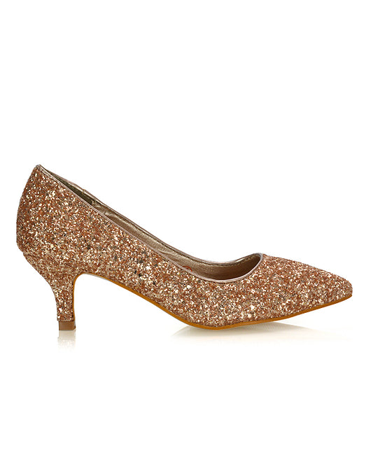 rose gold glitter low heel court shoes, rose gold glitter pump shoes low heel, low heel court shoes, pump shoes low heel