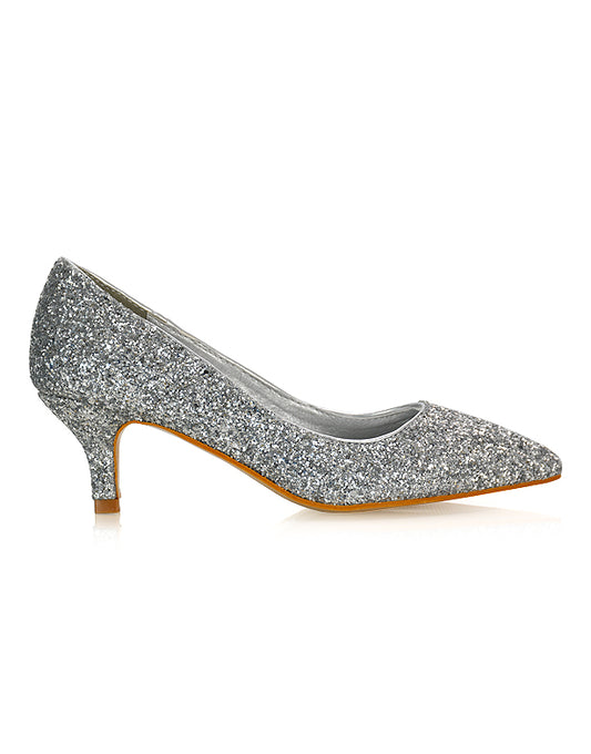 silver glitter low heel court shoes, silver glitter pump shoes low heel, low heel court shoes, pump shoes low heel