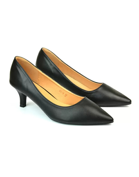 black pointed toe slip on low stiletto court heel pumps- offering a sleek and sophisticated look. Perfect for business meetings, formal events, or evening outings, these stylish and comfortable pumps are ideal for adding elegance to any look this season.
