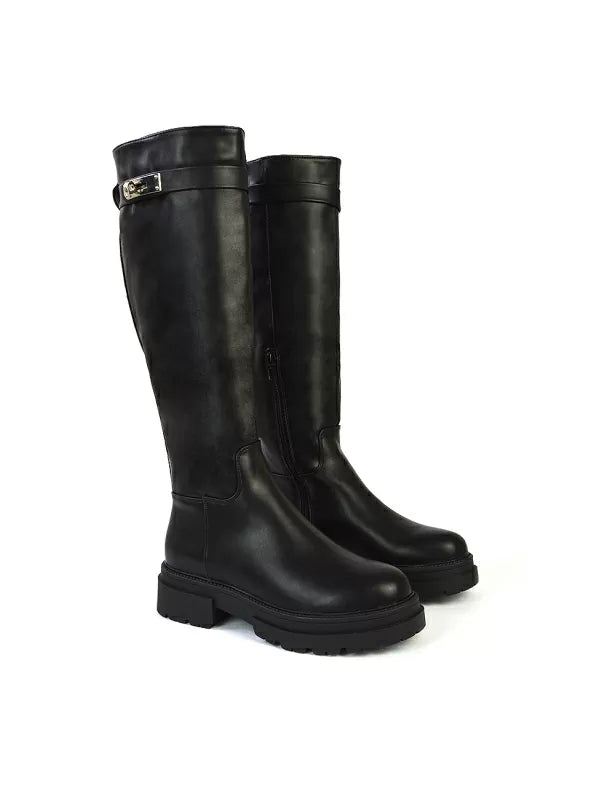 Pose Chunky Sole Buckle Knee High Biker Boots in Black Synthetic Leather -  Black / UK 3 | EU 36 | US 5