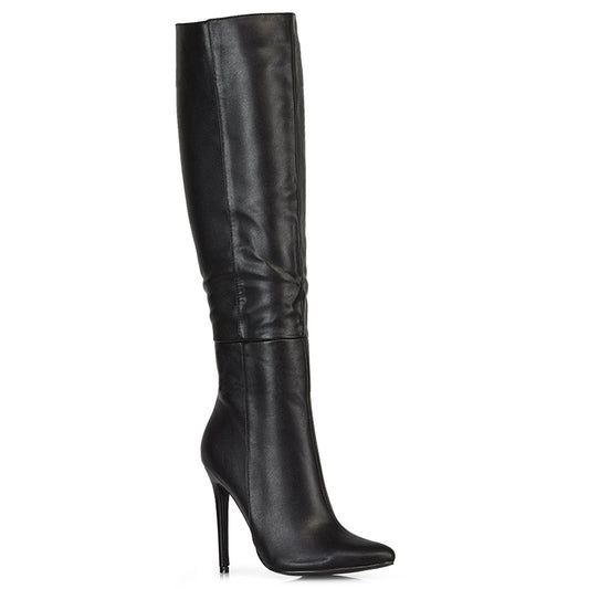 Black Synthetic Leather | XY London | Black Boots,Black Long Boots,Black Knee High Boots,Black Heeled Boots,Black High Heel Boots