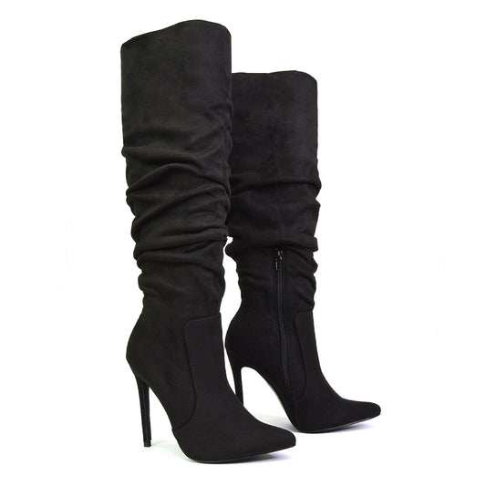 Black Faux Suede | XY London | black boots,black knee high boots,black heeled boots,black high heel knee high boots,black long boots