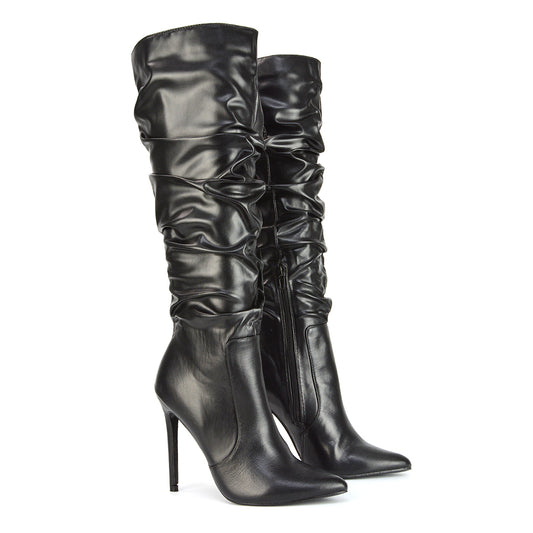 Black Synthetic Leather | XY London | Black Ruched Boots,Black High Heel Boots,Black Boots For Women
