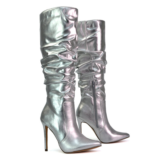 Silver Metallic | XY London | silver boots,silver knee high boots,silver heeled boots,silver long boots,silver high heel knee high boots