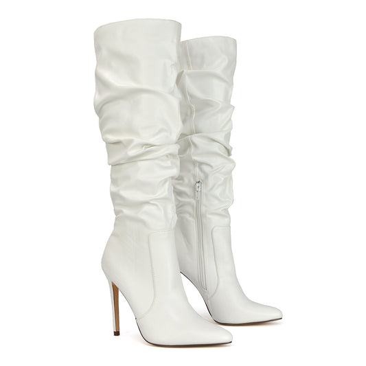 White Synthetic Leather | XY London | White Boots,White Ruched Boots,White High Heel Boots