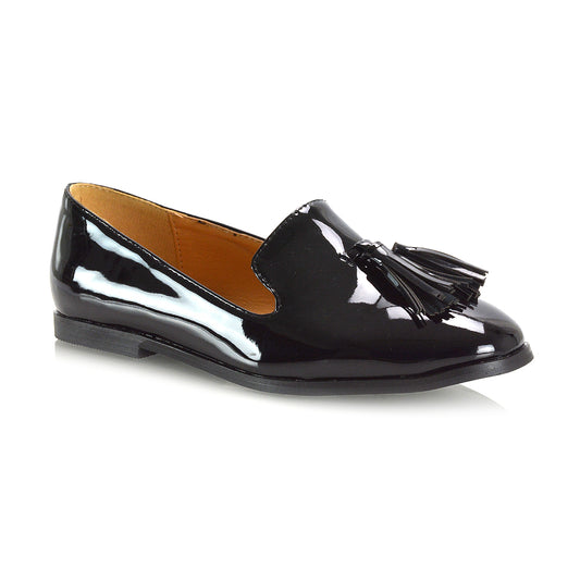 Black Patent | XY London | black patent school shoes,girls office shoes,womens tassel loafers,black patent loafers,low heel loafers