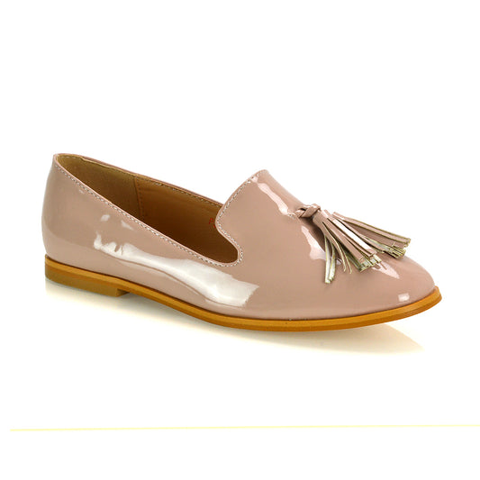 Nude | XY London | nude patent loafers,womens loafers,girls casual loafer nude,tassel low heel loafers nude,nude shoes