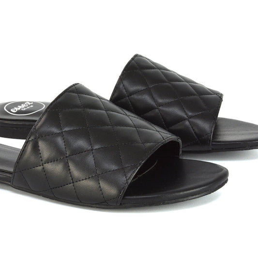 Black | XY London | Black Quilted Strap Sandals,Women's Black Slides,Black Sliders,Black Slides,Black Quilted Sliders