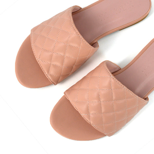 Pink | XY London | Pink Quilted Strap Sandals,Pink Quilted Flat Sliders,Pink Sliders Women,Pink Sliders,Pink Quilted Sliders