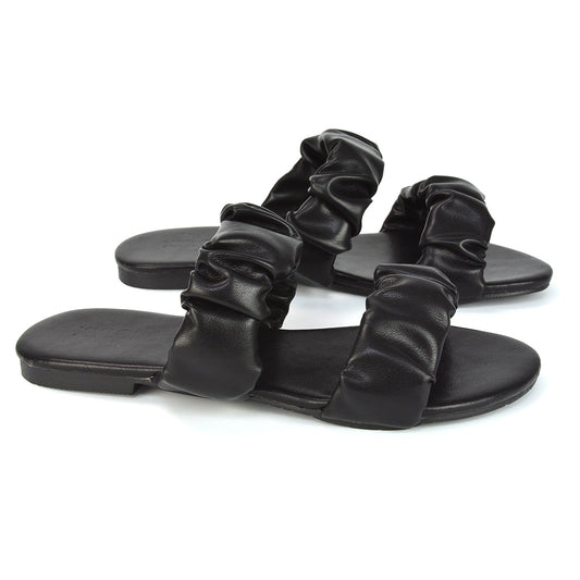 Black | XY London | Black Sliders,Black Flat Sandals,Black Double Strap Sandals,Black Ruched Strap Sandals,Black Summer Sandals