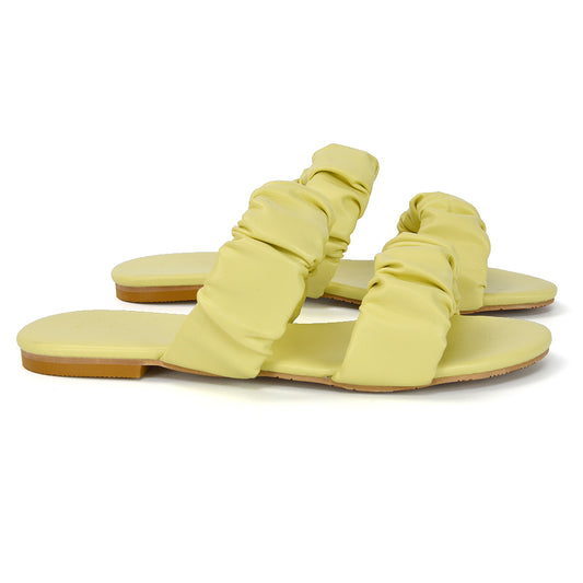 Yellow | XY London | Yellow Ruched Sandals,Yellow Flat Sliders,Yellow Flat Slides,Yellow Slides,Yellow Slides UK