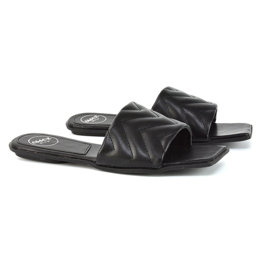 Black | XY London | Black Quilted Strap Sliders,Black Square Toe Sliders,Black Quilted Square Toe Sliders,Black Square Toe Sandals,Black Sliders,Black Sandals