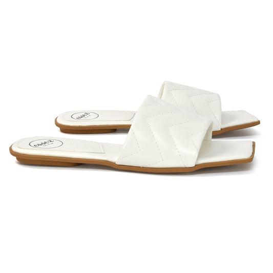 White | XY London | White Quilted Strap Sliders,White Square Toe Sliders,White Quilted Square Toe Sliders,White Square Toe Sandals,White Sliders,White Sandals