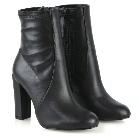 Black Synthetic Leather | XY London | black boots, black heeled boots, black sock boots
