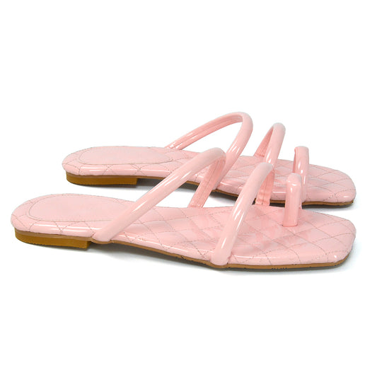 Pink | XY London | Pink Sandals,Pink Square Toe Sandals,Pink Quilted Insole Sandals,Pink Strappy Sandals,Pink Toe Ring Sandals