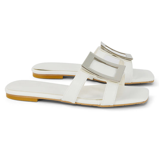 White | XY London | White Sandals,White Flat Sandals,White Square Toe Shoes,White Slides