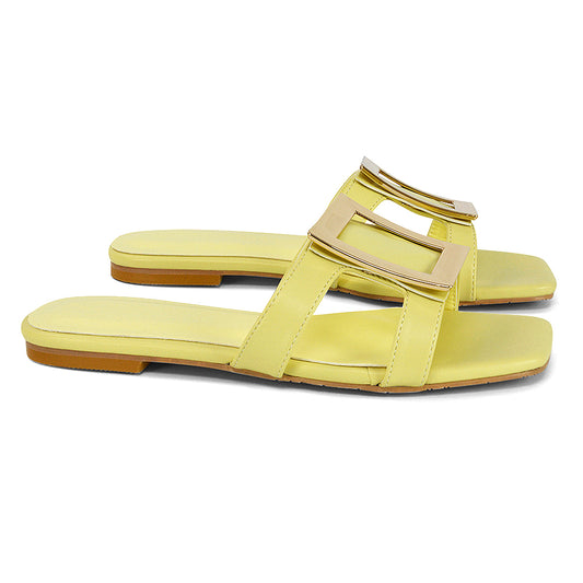 Yellow | XY London | Yellow Sandals,Yellow Flat Sandals,Yellow Square Toe Shoes,Yellow Slides