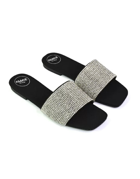 Black | XY London | black sandals,black flat sandals,black diamante sandals,black gem crystal bag